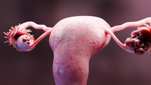 Ovarian malignant tumor, Female uterus anatomy, Reproductive system, cancer cells, ovaries cysts, cervical cancer, growing cells, gynecological disease, metastasis cancerous, duplicating, 3d render	
