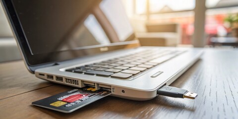 Close-Up of a Personal Laptop Computer with an SD Card Being Plugged In, Emphasizing the Connection Between Technology and Data Management in a Home Office Setting