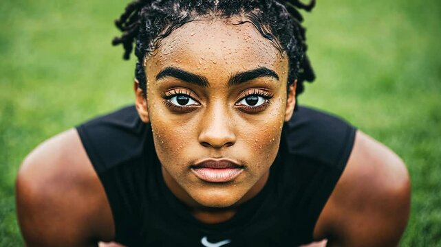 A woman with wet hair and a determined look stares intensely at the camera after a workout