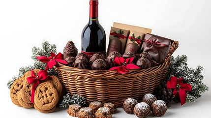 A Christmas-themed gift basket with a bottle of mulled wine, gingerbread cookies, and luxurious truffles, set on a white background. The basket includes red bows and small decorative holly leaves.