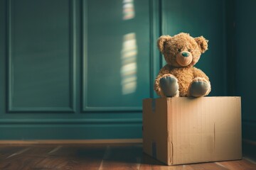 A teddy bear sits on a cardboard box in front of a teal wall.