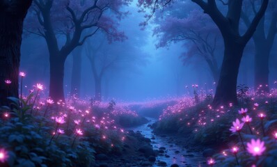 Mystical forest with glowing flowers at dusk.