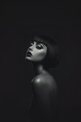A pale skinned model with bold make-up, chin length haircut, in dark studio. smokey make-up. Fashion. Hairstyle. Cosmetics. Style. Black and white.	
