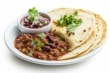 Chili, tortillas, and cilantro on a plate.