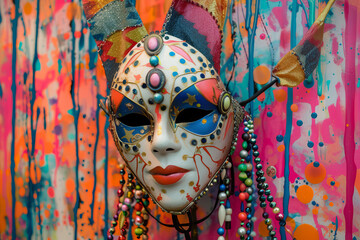 A whimsical Mardi Gras mask with playful patterns, bold colors, cascading beads, and a dreamlike background, evoking a surreal and enchanting atmosphere.