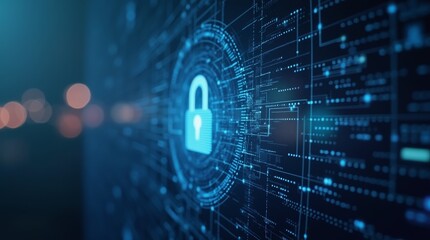 Digital padlock icon with binary code on abstract blue background. Cybersecurity concept