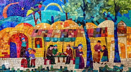Obraz premium Colorful Mosaic Illustration of People Gathering in a Village