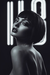 A pale skinned model with bold make-up, chin length haircut, in dark studio. smokey make-up. Fashion. Hairstyle. Cosmetics. Style. Black and white.	
