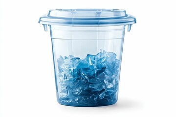Blue plastic bin full of crumpled plastic.