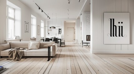 The interior of a white apartment features 