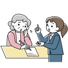 書類の記入に苦労するシニア女性と説明する女性