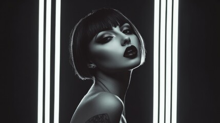 A pale skinned model with bold make-up, chin length haircut, in dark studio. smokey make-up. Fashion. Hairstyle. Cosmetics. Style. Black and white.	
