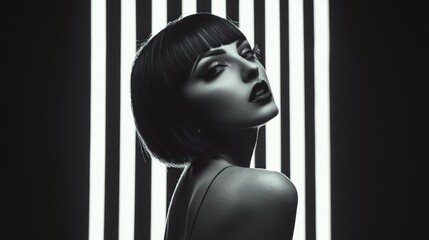 A pale skinned model with bold make-up, chin length haircut, in dark studio. smokey make-up. Fashion. Hairstyle. Cosmetics. Style. Black and white.	
