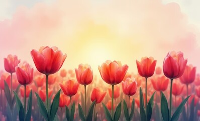 Vibrant tulip field at sunset