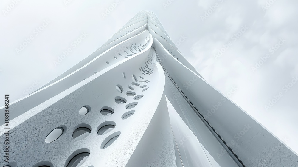 Poster perspective view of a futuristic tower with curved shapes