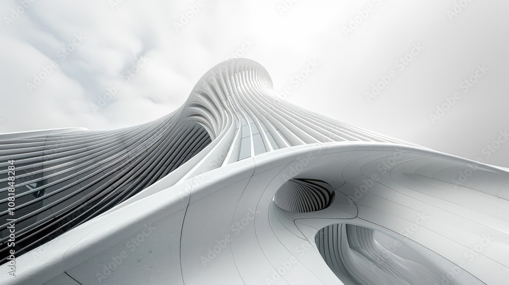 Poster perspective view of a futuristic tower with curved shapes
