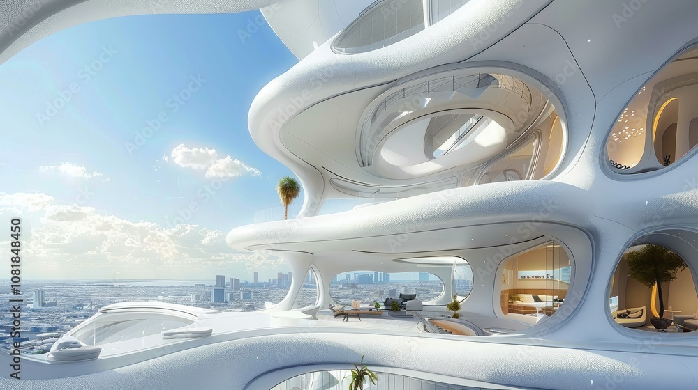Poster perspective view of a futuristic tower with curved shapes