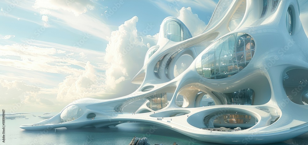 Poster perspective view of a futuristic tower with curved shapes