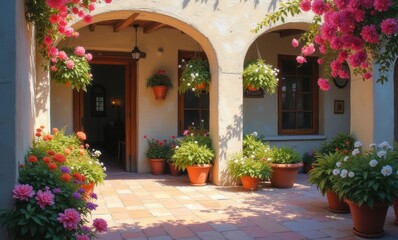 Charming courtyard with vibrant flowers