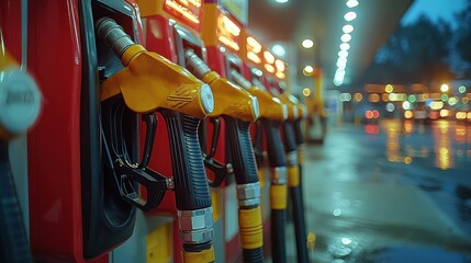 Obraz premium Gasoline pumps at a busy fuel station during twilight hours with wet pavement reflecting lights