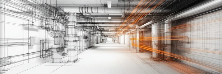 Futuristic industrial corridor with pipes and wiring showing engineering design