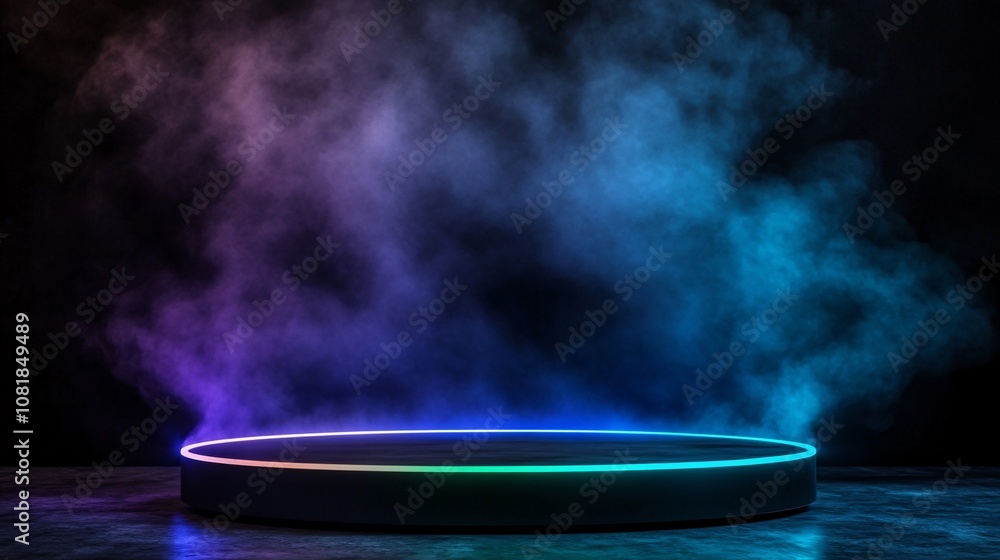 Poster Elliptical neon-lit platform with pulsing blue and green beams rising vertically in a dark smoky setting suggesting a teleportation device with side empty space for text Stockphoto style