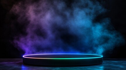 Elliptical neon-lit platform with pulsing blue and green beams rising vertically in a dark smoky setting suggesting a teleportation device with side empty space for text Stockphoto style