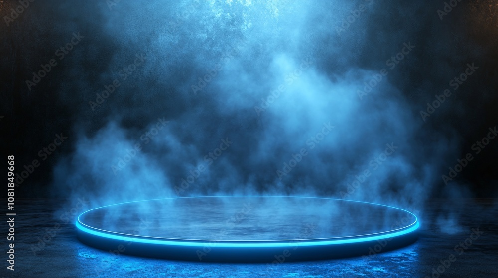 Poster Circular neon platform with radiant blue beams that rise from the edge of the stage in a mist-filled scene resembling futuristic technology with side empty space for text Stockphoto style