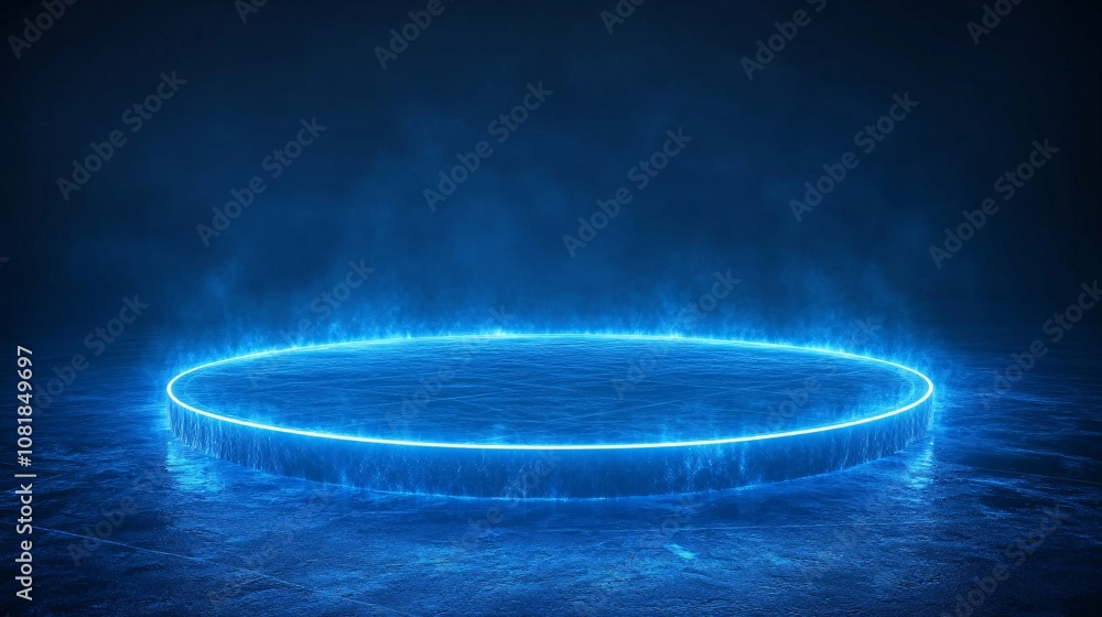 Poster Circular neon platform with radiant blue beams that rise from the edge of the stage in a mist-filled scene resembling futuristic technology with side empty space for text Stockphoto style
