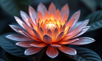 Illuminated pink lotus flower at dusk