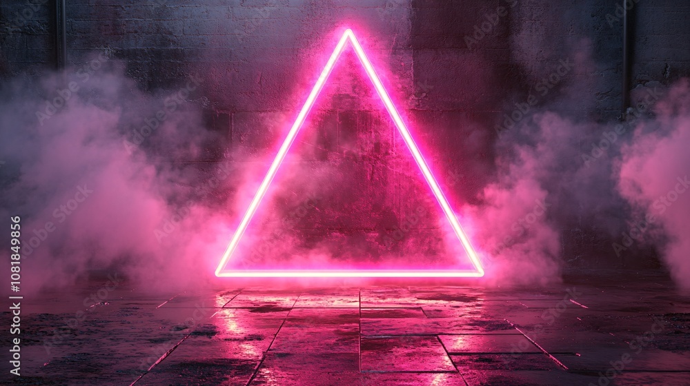Poster Single neon triangle platform with bright edges and misty beams creating a high-tech teleportation vibe in a dark setting with side empty space for text Stockphoto style