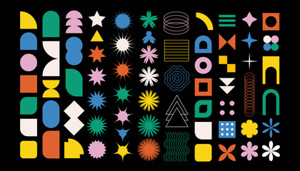 Brutalist abstract geometric shapes and grids. Brutal contemporary figure star oval spiral flower and other primitive elements. Swiss design aesthetic. Bauhaus memphis design.