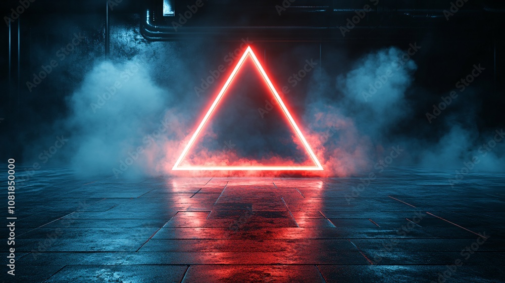 Fototapete Single neon triangle platform with bright edges and misty beams creating a high-tech teleportation vibe in a dark setting with side empty space for text Stockphoto style