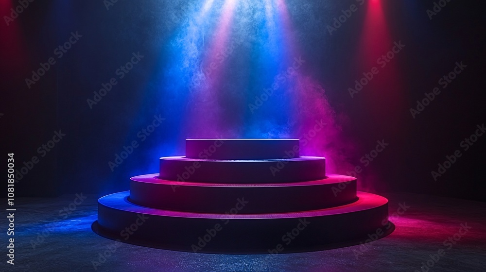 Poster Stacked neon circle and square shapes glowing with blue and purple beams rising from a dark foggy background creating a sci-fi display with side empty space for text Stockphoto style