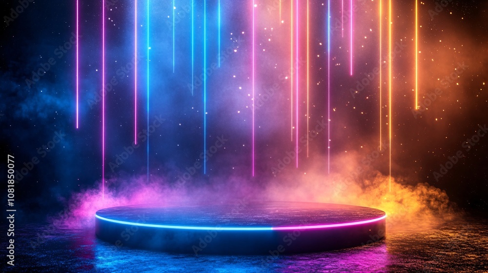 Aufkleber pentagon-shaped neon platform with vertical pink and blue beams radiating upward in a smoky environm