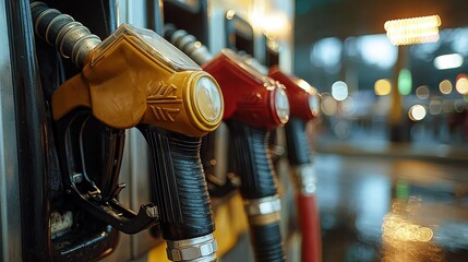 Fuel pumps at a gas station during early evening, showcasing colorful nozzles and illuminated surroundings
