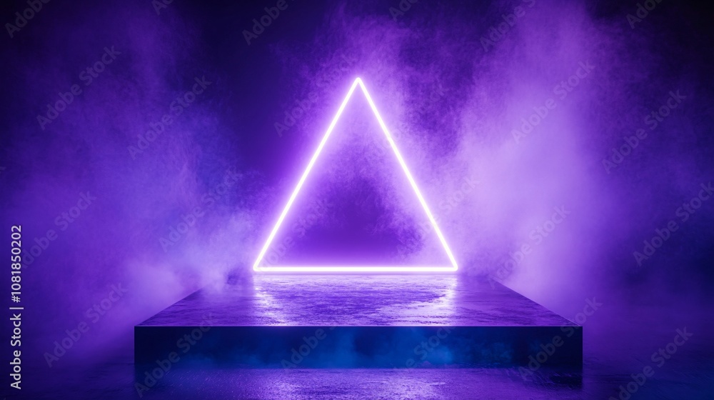 Poster Floating triangular neon platform with intense beams against a dark mist-filled backdrop evoking a high-tech and futuristic atmosphere with side empty space for text Stockphoto style