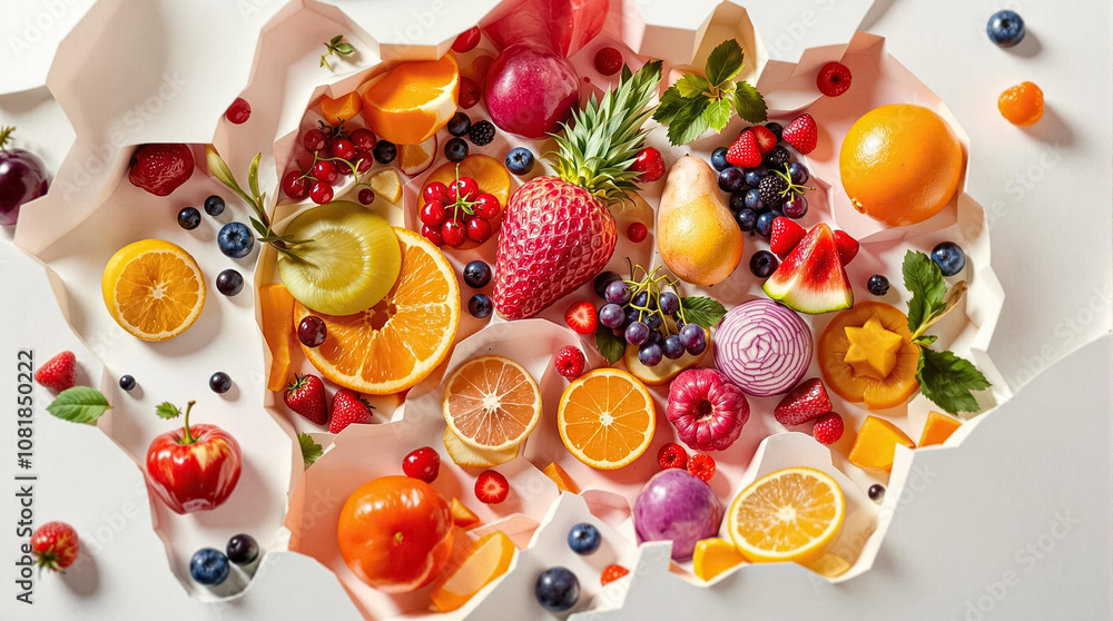 Poster an assortment of colorful fruits spreads across a white surface, creating a lively and inviting disp