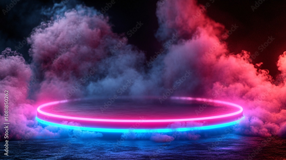 Poster Pentagon-shaped neon platform with vertical pink and blue beams radiating upward in a smoky environment for a futuristic presentation effect with side empty space for text Stockphoto style