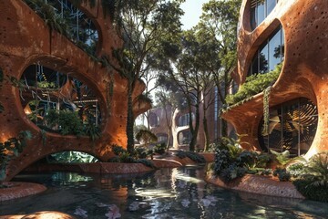 Naklejka premium Futuristic eco-architecture merges with nature, featuring organic terracotta structures, lush greenery, and reflective pools. Curved windows and arches create a harmonious of modern design