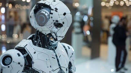 Fototapeta premium A futuristic white humanoid robot stands in a blurry shopping mall background.