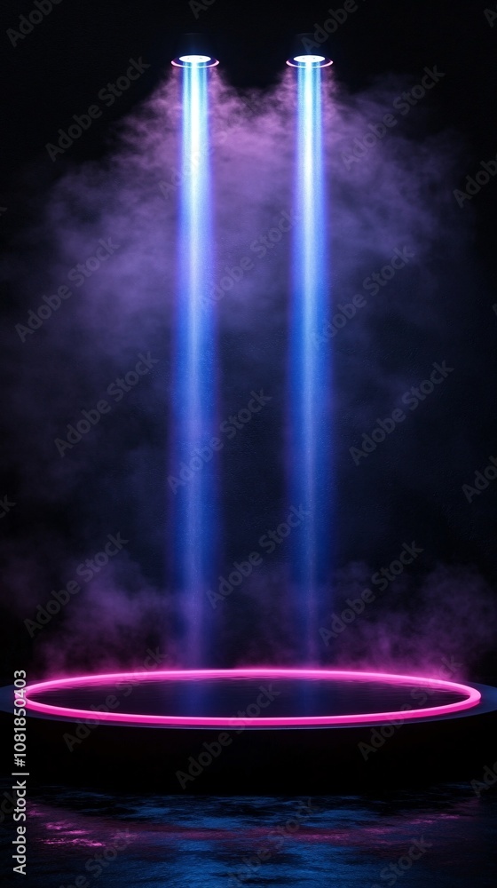 Poster futuristic circular stage with neon blue and purple beams extending upward against a foggy black bac