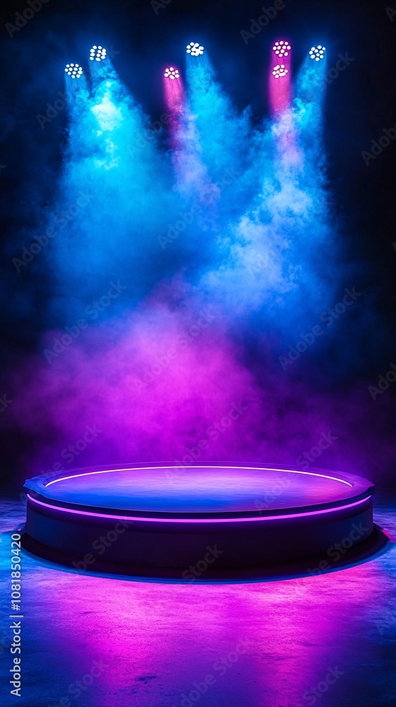 Poster Futuristic circular stage with neon blue and purple beams extending upward against a foggy black background resembling a teleportation device with side empty space for text Stockphoto style