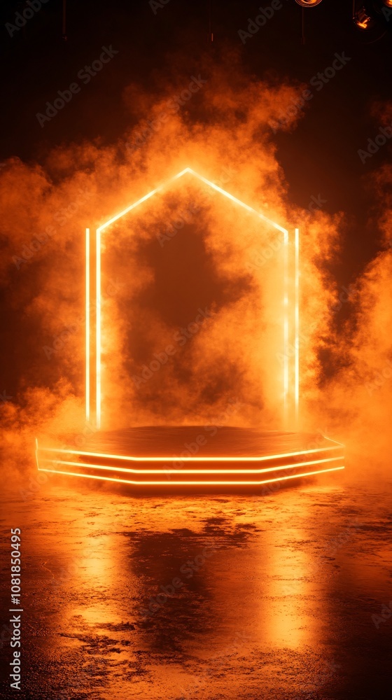 Aufkleber Octagonal glowing platform surrounded by intense neon lights and smoky atmosphere for a futuristic tech presentation with side empty space for text Stockphoto style