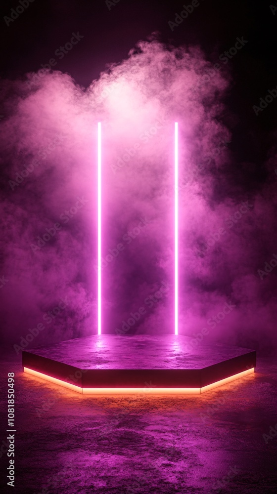 Poster Octagonal glowing platform surrounded by intense neon lights and smoky atmosphere for a futuristic tech presentation with side empty space for text Stockphoto style