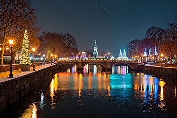 Fototapeta premium A festive riverside promenade at night with illuminated Christmas trees, colorful lights reflecting on calm water, and arched bridges under a clear, starry sky, creating a warm holiday atmosphere