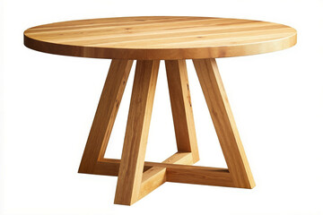A round wooden table with a cross base on a white background