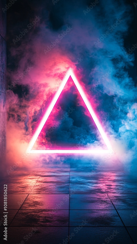 Aufkleber single neon triangle platform emitting bright blue and pink light with a smoky backdrop resembling a