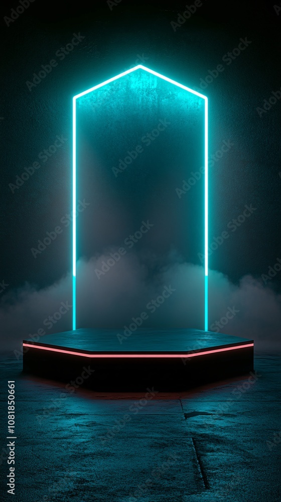 Poster illuminated hexagonal podium with radiant beams shooting upwards in mist-filled darkness suggesting 
