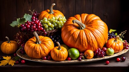 A still life with pumpkins, grapes, and apples on a wooden table.